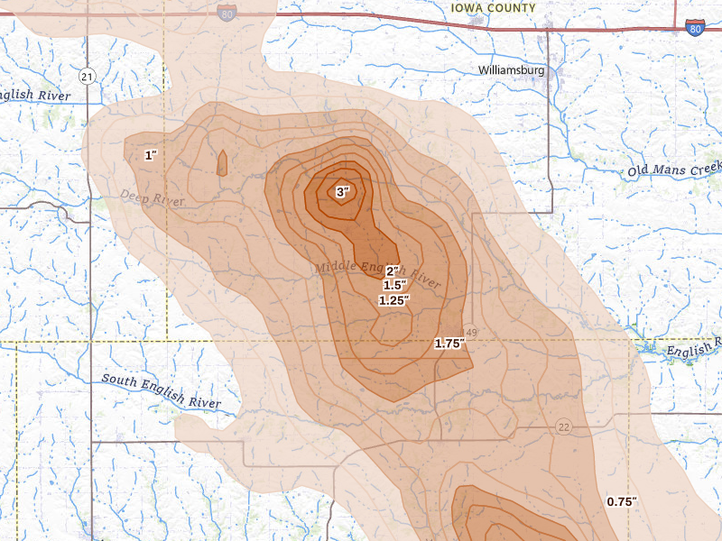 Radar-estimated hail-size map of the storm over North English, IA on Aug 7, 2026