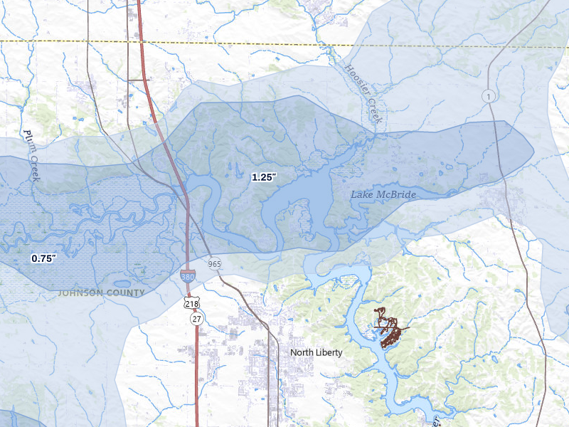 NEXRAD radar-signature map of the hail over North Liberty, IA