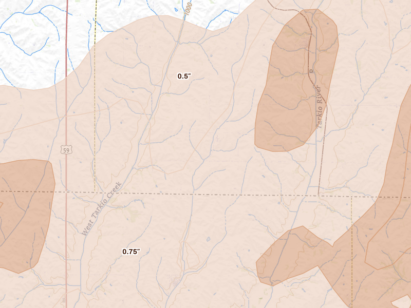 Radar-estimated hail-size map of the storm over Northboro, IA on May 18, 2026