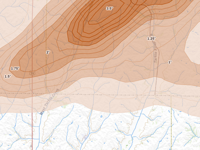 Radar-estimated hail-size map of the storm over Northboro, IA on Jun 10, 2026