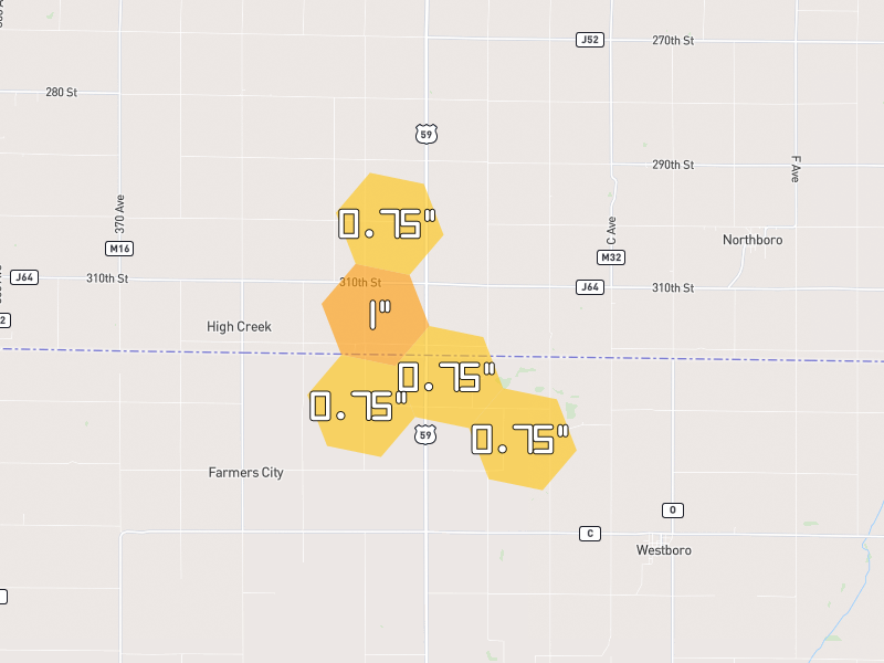 Hail map of Northboro, IA on Jul 4, 2026, hail up to 1"