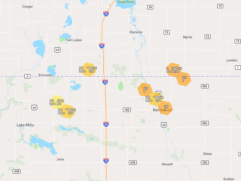 Hail map of Northwood, IA on Jul 1, 2026, hail up to 1.25"