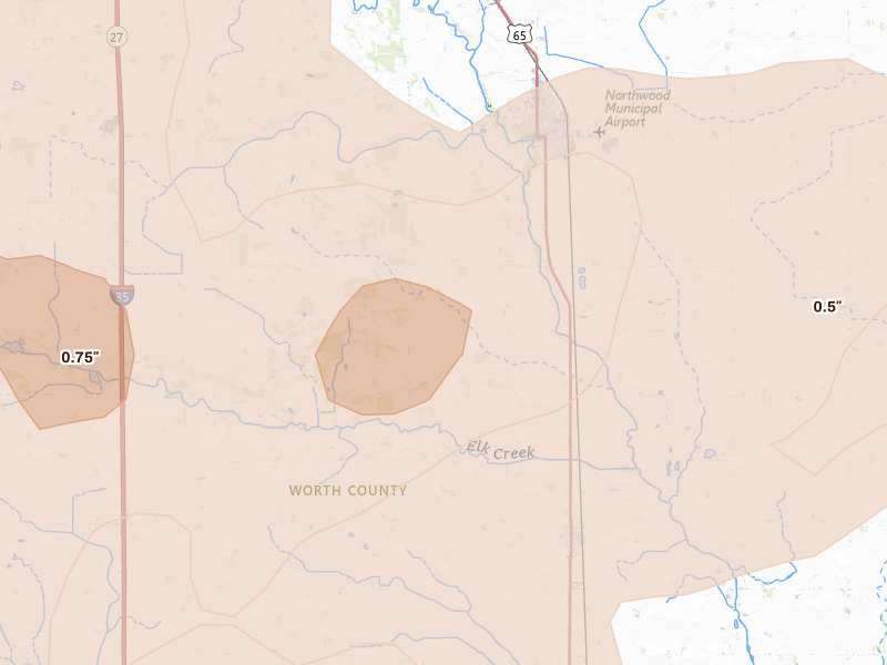 Radar-estimated hail-size map of the storm over Northwood, IA on Aug 7, 2026