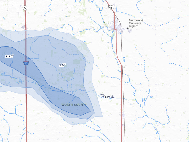 NEXRAD radar-signature map of the hail storm over Northwood, IA on Aug 7, 2026
