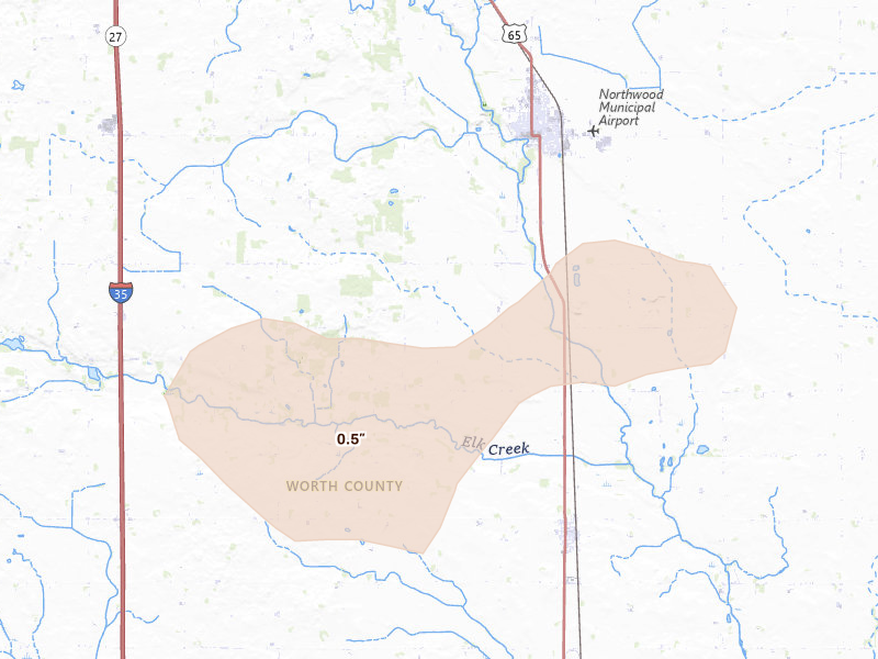 Radar-estimated hail-size map of the storm over Northwood, IA on Aug 20, 2026