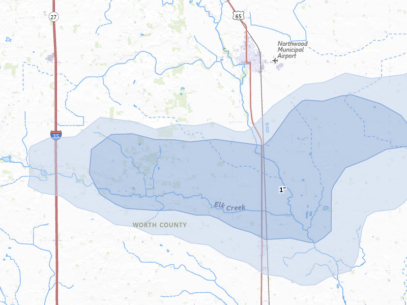 NEXRAD radar-signature map of the hail storm over Northwood, IA on Aug 20, 2026