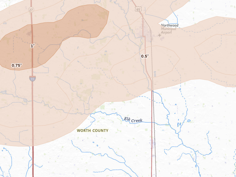 Radar-estimated hail-size map of the storm over Northwood, IA on Sep 1, 2026