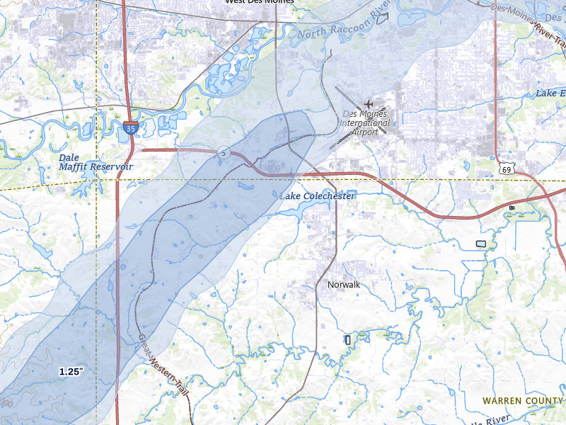 NEXRAD radar-signature map of the hail over Norwalk, IA