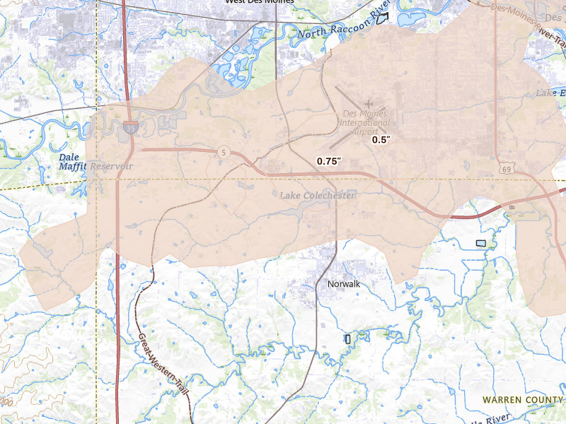 Radar-estimated hail-size map of the storm over Norwalk, IA on Jun 10, 2026