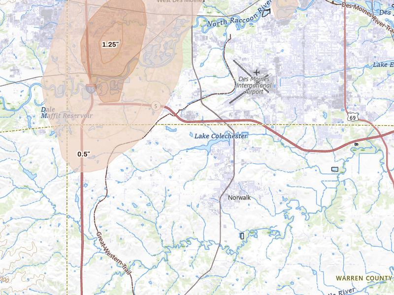 Radar-estimated hail-size map of the storm over Norwalk, IA on Jul 2, 2026