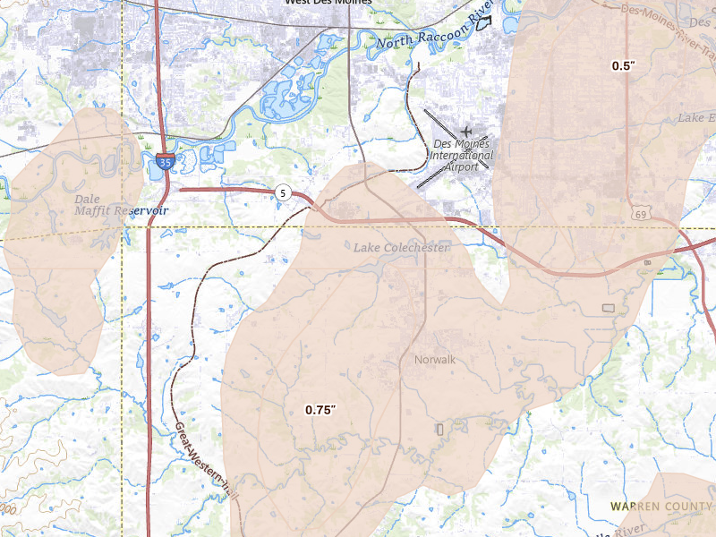 Radar-estimated hail-size map of the storm over Norwalk, IA on Jul 3, 2026
