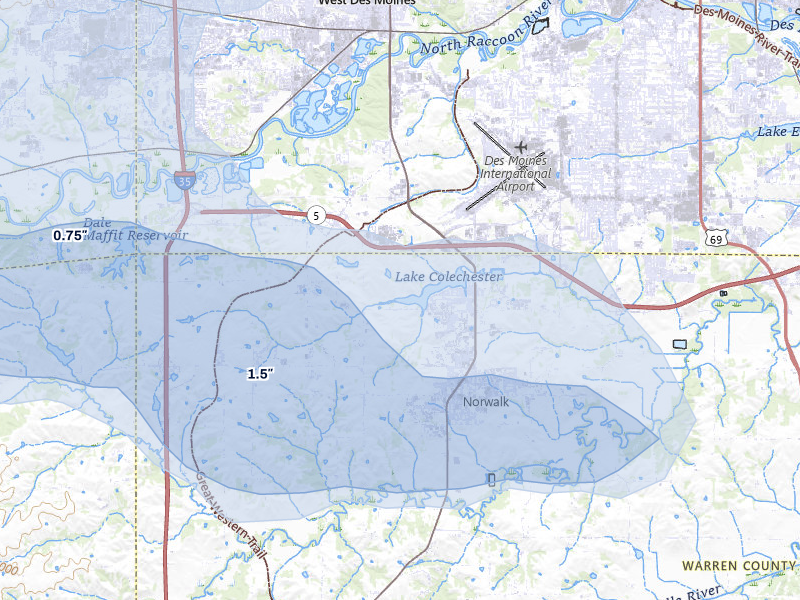 NEXRAD radar-signature map of the hail storm over Norwalk, IA on Jul 3, 2026