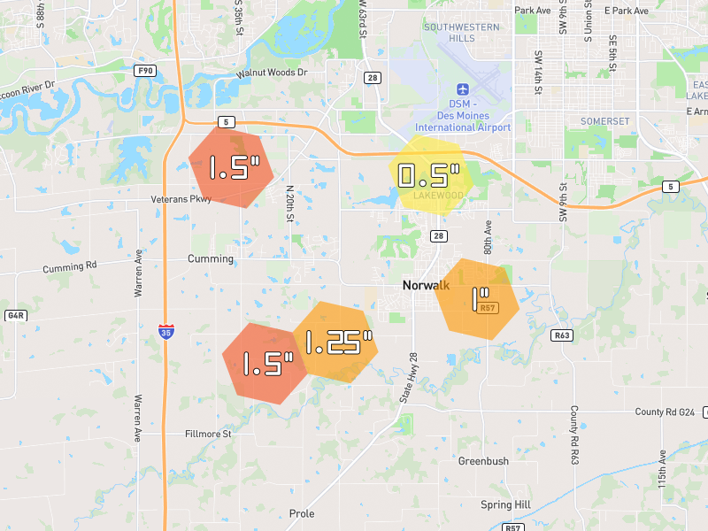 Hail map of Norwalk, IA on Jul 4, 2026, hail up to 1.5"