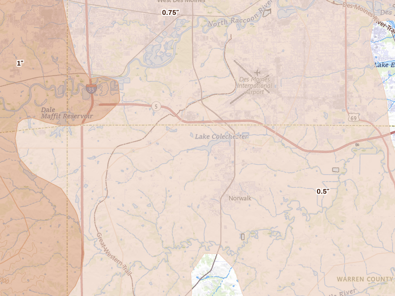 Radar-estimated hail-size map of the storm over Norwalk, IA on Jul 20, 2026