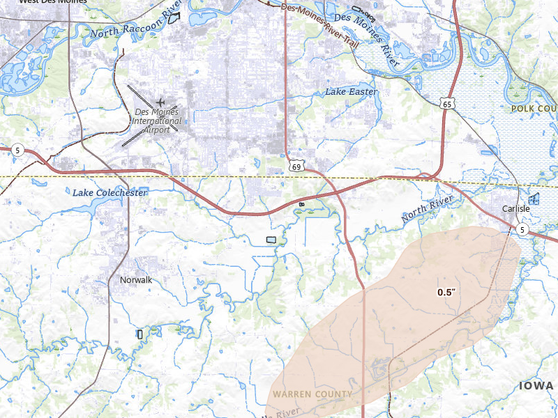 Radar-estimated hail-size map of the storm over Norwalk, IA on Aug 13, 2026