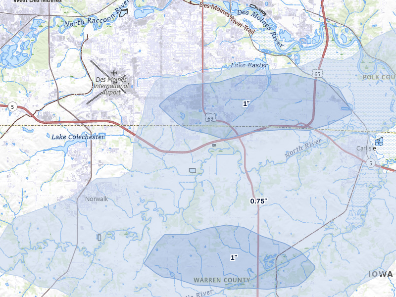 NEXRAD radar-signature map of the hail storm over Norwalk, IA on Aug 13, 2026