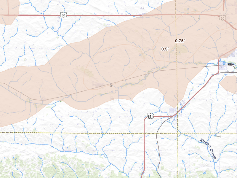 Radar-estimated hail-size map of the storm over Norway, IA