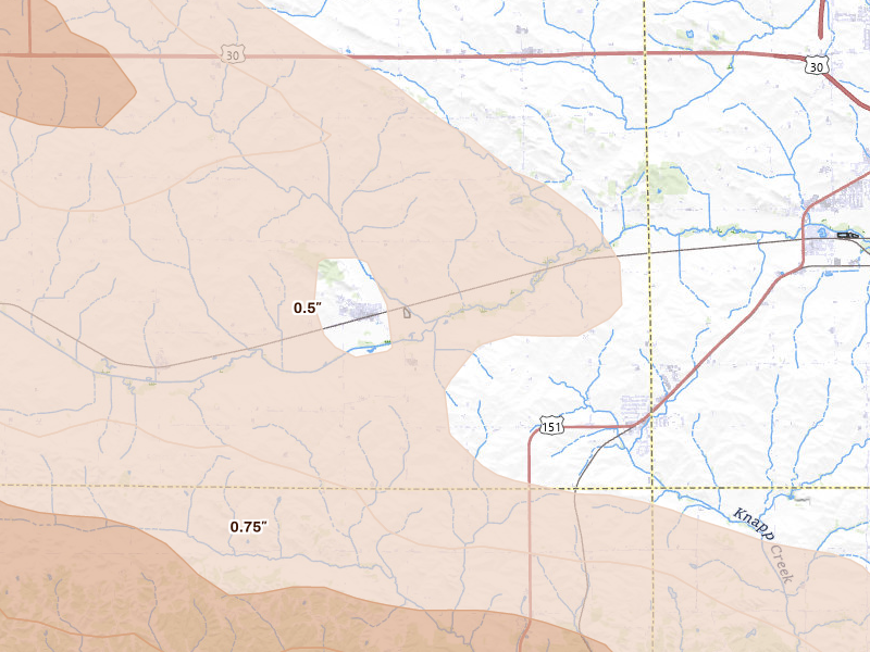 Radar-estimated hail-size map of the storm over Norway, IA on Aug 11, 2026