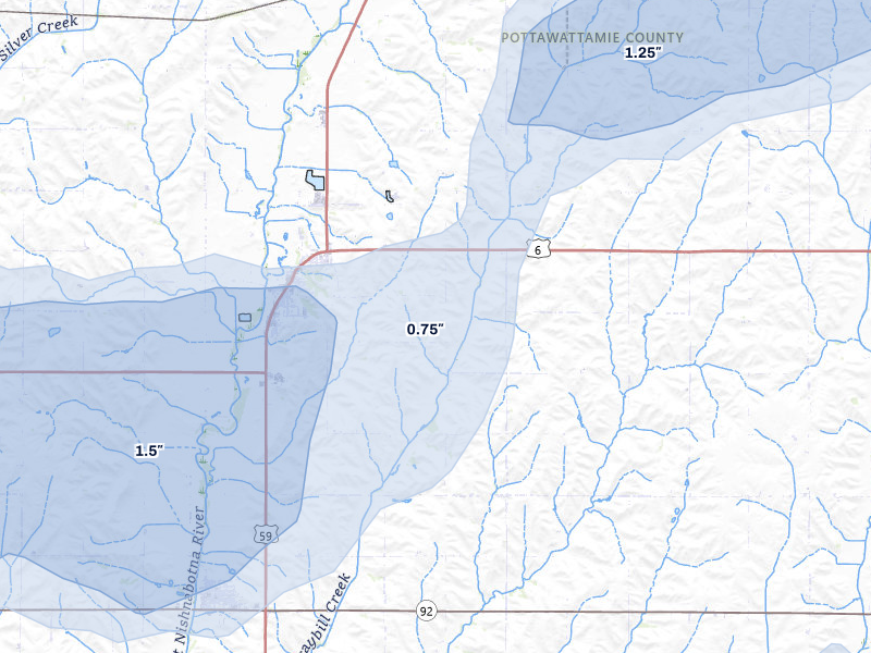 NEXRAD radar-signature map of the hail over Oakland, IA
