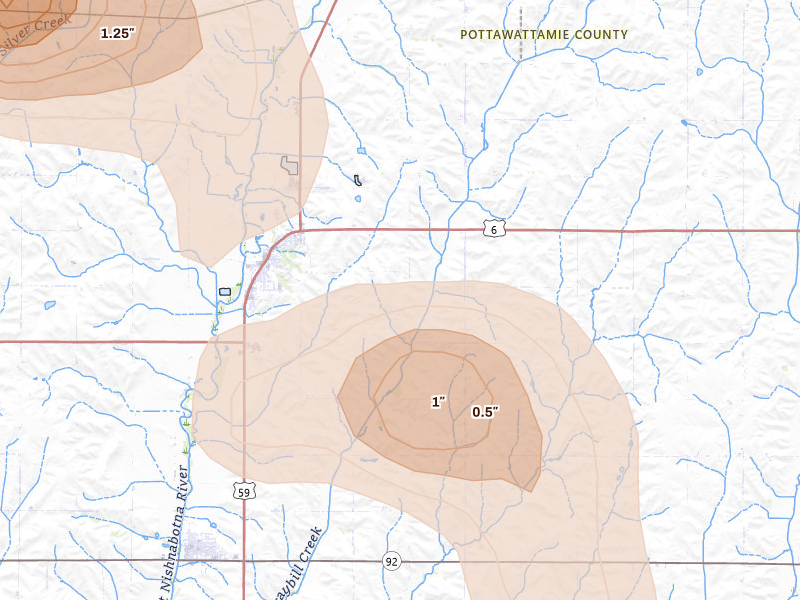 Radar-estimated hail-size map of the storm over Oakland, IA on May 31, 2026