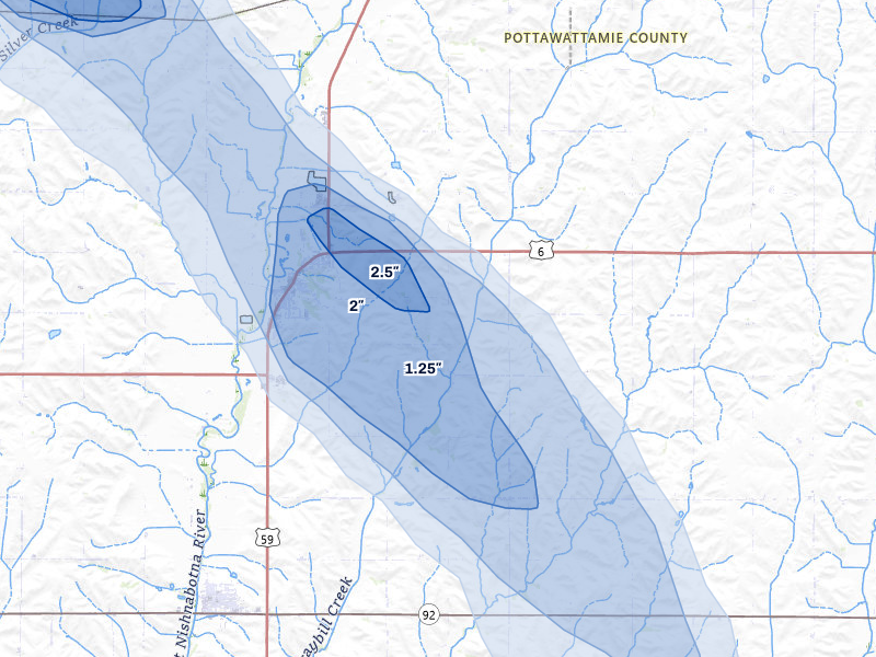 NEXRAD radar-signature map of the hail storm over Oakland, IA on May 31, 2026