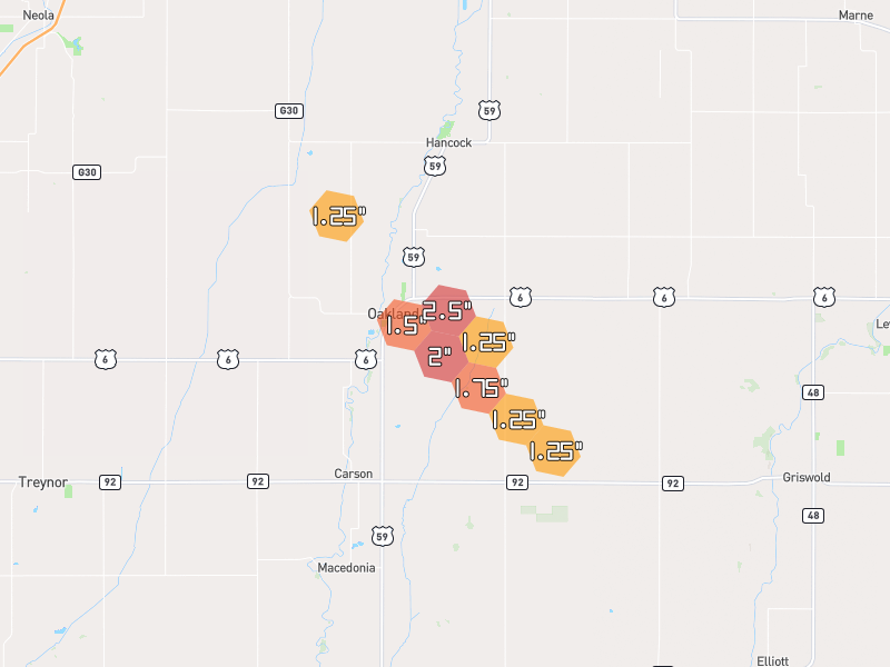 Hail map of Oakland, IA on Jun 1, 2026, hail up to 2.5"