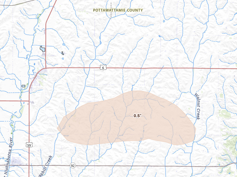 Radar-estimated hail-size map of the storm over Oakland, IA on Aug 4, 2026