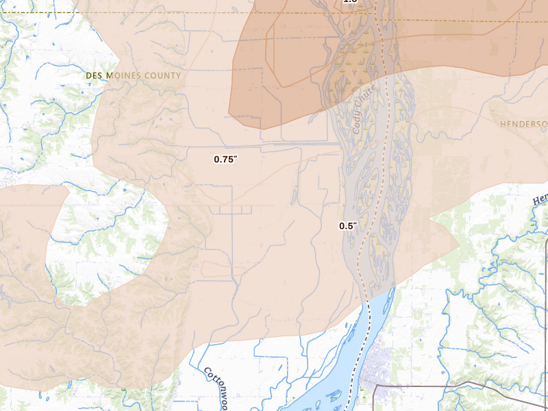 Radar-estimated hail-size map of the storm over Oakville, IA on Mar 10, 2026