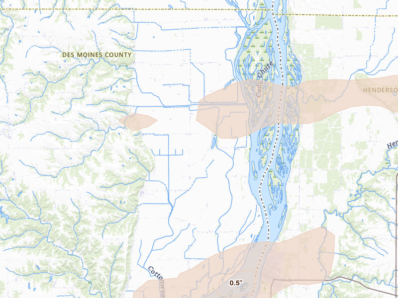 Radar-estimated hail-size map of the storm over Oakville, IA on Mar 31, 2026