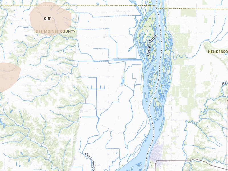 Radar-estimated hail-size map of the storm over Oakville, IA on Apr 2, 2026