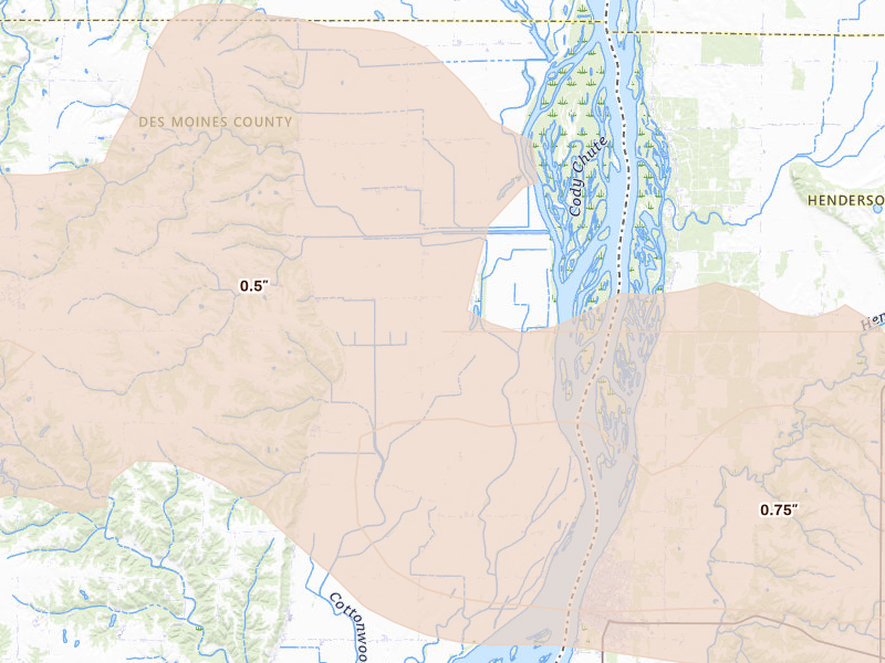 Radar-estimated hail-size map of the storm over Oakville, IA on May 4, 2026