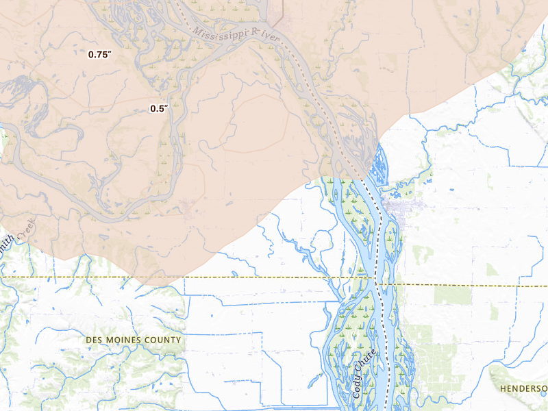 Radar-estimated hail-size map of the storm over Oakville, IA on Aug 12, 2026