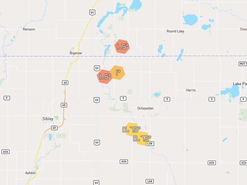 Hail map of Ocheyedan, IA on Jun 30, 2026, hail up to 1.5"