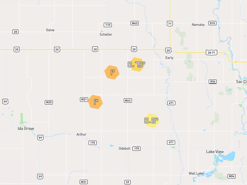 Hail map of Odebolt, IA on Jun 28, 2026, hail up to 1"