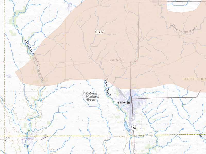 Radar-estimated hail-size map of the storm over Oelwein, IA