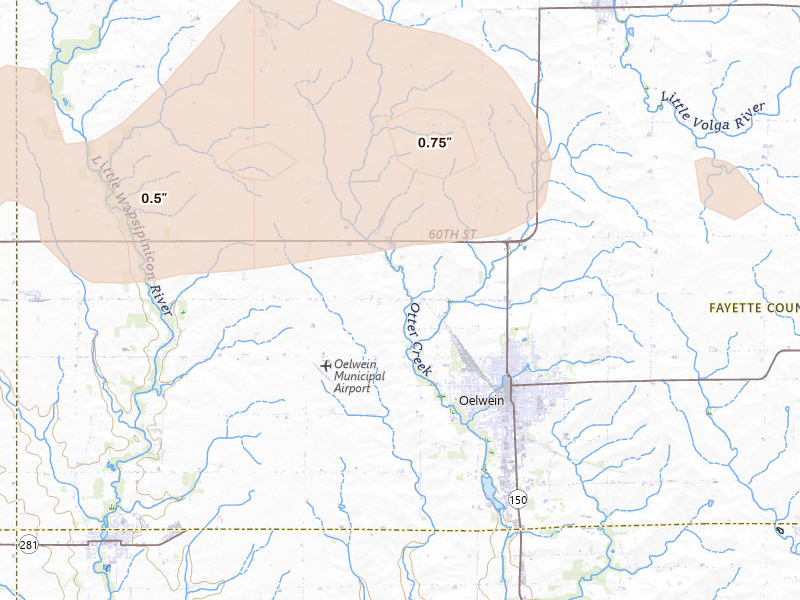 Radar-estimated hail-size map of the storm over Oelwein, IA on Jun 10, 2026