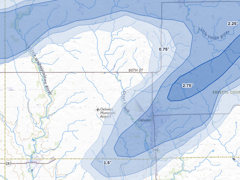 NEXRAD radar-signature map of the hail over Oelwein, IA