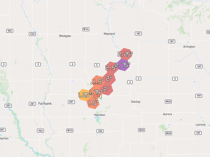 Hail map of Oelwein, IA on Jul 2, 2026, hail up to 2.75"
