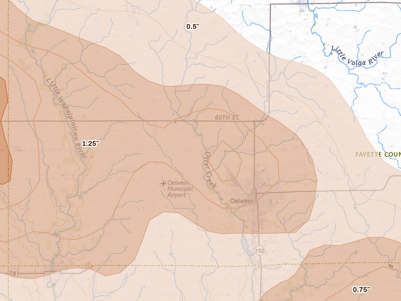 Radar-estimated hail-size map of the storm over Oelwein, IA on Aug 7, 2026
