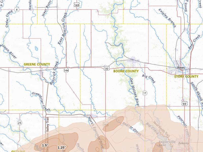 Radar-estimated hail-size map of the storm over Ogden, IA on Mar 30, 2026