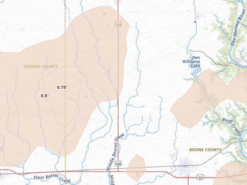 Radar-estimated hail-size map of the storm over Ogden, IA on Apr 23, 2026