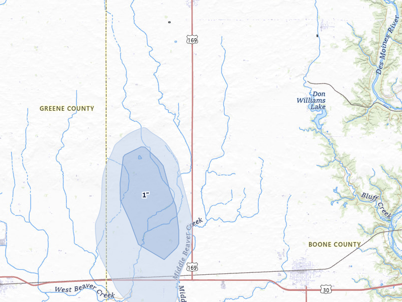 NEXRAD radar-signature map of the hail storm over Ogden, IA on Jun 1, 2026