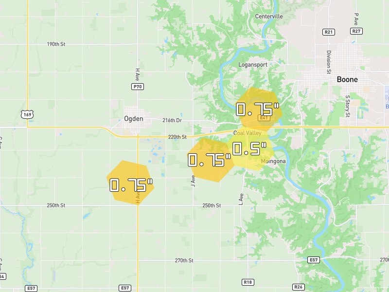 Hail map of Ogden, IA on Jun 28, 2026, hail up to 0.75"