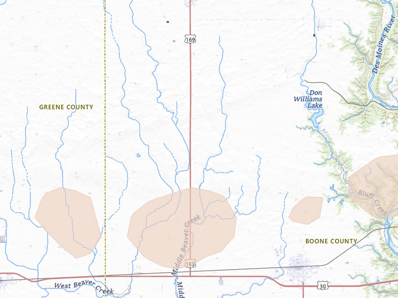 Radar-estimated hail-size map of the storm over Ogden, IA on Jul 3, 2026