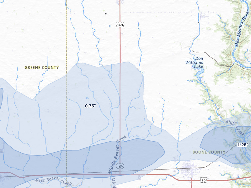 NEXRAD radar-signature map of the hail storm over Ogden, IA on Jul 3, 2026
