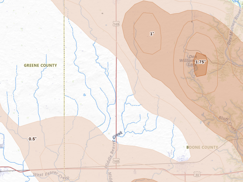Radar-estimated hail-size map of the storm over Ogden, IA on Jul 20, 2026