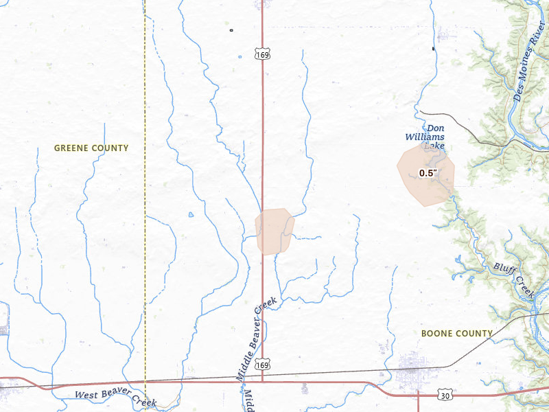 Radar-estimated hail-size map of the storm over Ogden, IA on Aug 4, 2026