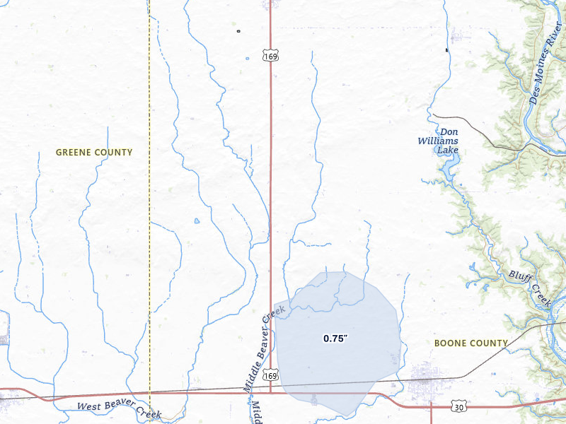NEXRAD radar-signature map of the hail storm over Ogden, IA on Aug 4, 2026