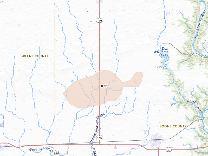Radar-estimated hail-size map of the storm over Ogden, IA on Aug 8, 2026
