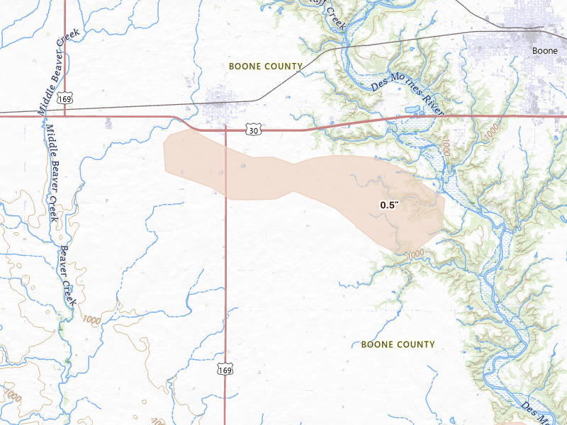 Radar-estimated hail-size map of the storm over Ogden, IA on Aug 12, 2026
